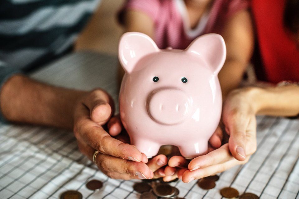 person holding a pink piggy coin bank