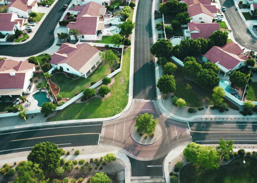 aerial photo of red and white houses